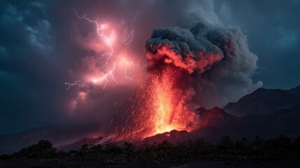 Exploding volcano under night sky, glowing lava fountain, thick black smoke, red-hot rocks flying