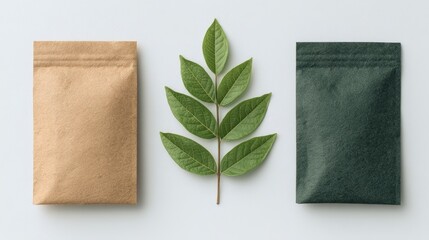 Two eco-friendly paper pouches with a green leafy branch placed between them on a light background.