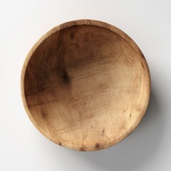 A round, empty wooden bowl with visible grain patterns and natural textures, placed on a white surface.