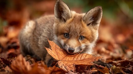 Fototapeta premium Fox pup in autumn leaves