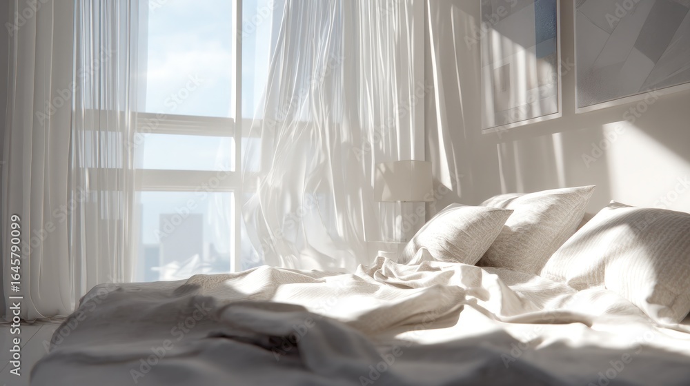 Aufkleber a bright bedroom with white bedding and curtains blowing in the wind from the open window frame view