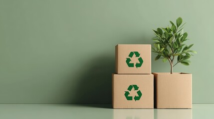 Three brown recycling boxes and a small green plant symbolize eco-friendly practices and sustainability against a light green background.