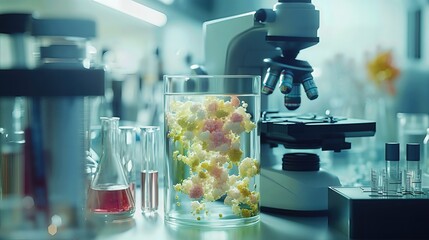 close-up of microscope and colorful chemical compounds in laboratory setting. Scientific research in progress.