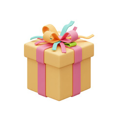 Obraz premium A rendering of a gift box, featuring a soft color, wrapped with a pink ribbon, and adorned with a multi-colored bow, symbolizing celebration and giving.