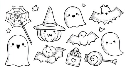 Whimsical line art illustrating Halloween characters and decorations, all in black outline