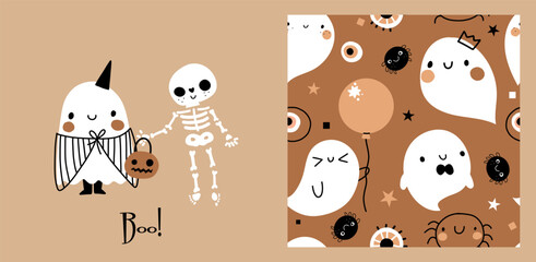 Cute halloween seamless pattern ghost vector pumpkin characters spooky backdrop for wrapping paper, poster, cartoon autumn fall print set.