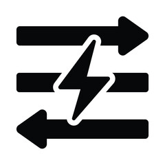 Minimalist black graphic with three horizontal bars, opposing arrows, and a central lightning bolt. Bold, clean lines symbolize energy flow or power transfer in a modern, simple style.