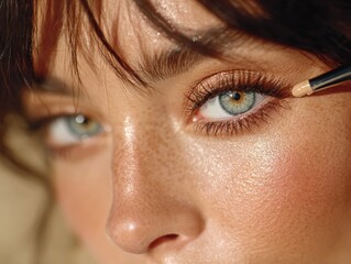 Naklejka premium Extreme closeup of a womans eye as makeup is applied, highlighting her lashes, eyeliner, and glowing skin with a soft focus