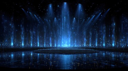 Stage with blue lights, reflective floor, and dark background. Perfect for concert, shows, and elegant events presentations.
