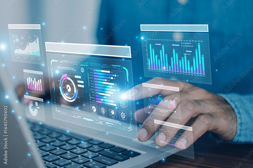 Poster businessman use ai technology data analysis for business to optimize supply chain and reduce operati
