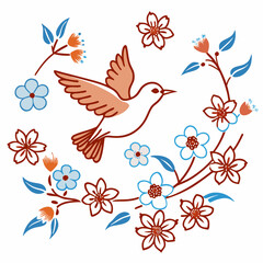 Obraz premium A stylized bird in flight surrounded by a delicate floral arrangement with blue and orange blossoms and leaves