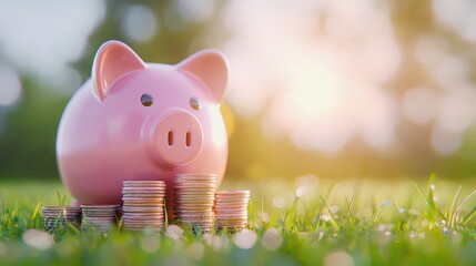 A pink piggy bank surrounded by stacks of coins on green grass, symbolizing savings and financial growth in a bright, outdoor setting.
