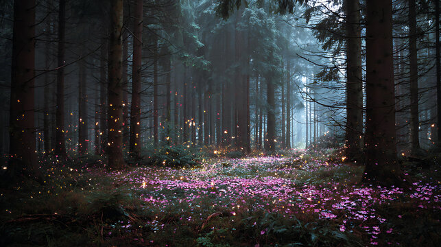 Enchanted dark forest background wallpaper with magical light and pink leaves fantasy landscape 4k