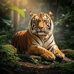 Obraz premium Magnificent tiger resting gracefully amidst the verdant rainforest ambiance