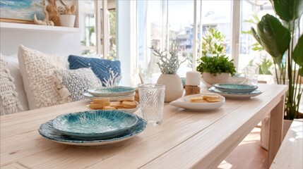 Obraz premium A bright coastal dining room with a table set with blue plates and decorative pillows on the bench seat