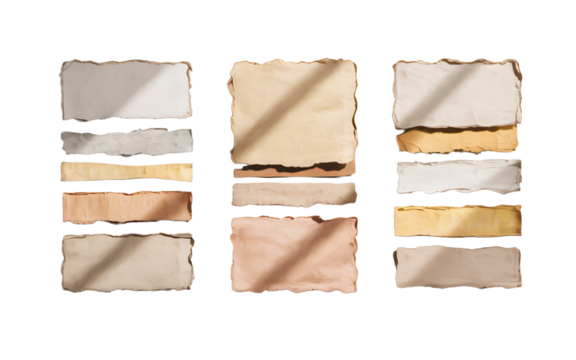 Collection of Aged and Torn Paper Textures with Natural Light Shadows, transparent background