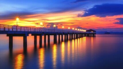 A long wooden pier at sunset with a boat in the water