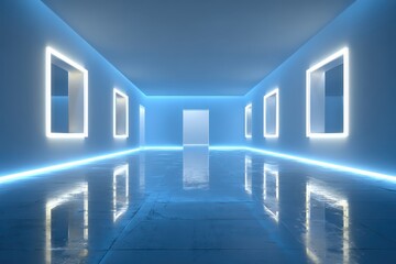 Fototapeta premium Blue corridor illuminated by neon lights, square frames on the walls. Use for futuristic concepts, modern architecture, or technology presentations.