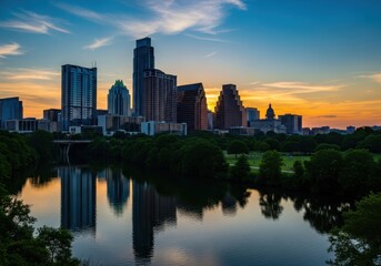 Obraz premium Cityscape view of Austin Texas at dusk with reflections on Colorado River