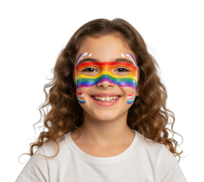 Celebrating diversity rainbow face painting event for kids indoor party colorful atmosphere. Cut out png