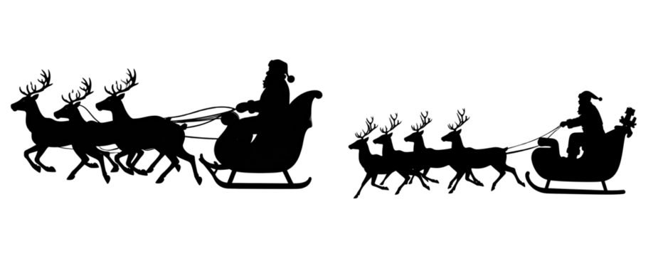 Set Of Classic Santa Sleigh Silhouette with Reindeer Team, Transparent PNG
