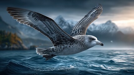 Fototapeta premium A soaring bird above a serene, mountainous seascape.