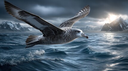 Naklejka premium Majestic seabird soaring over a turbulent ocean landscape.