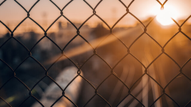 railway in the city at sunset