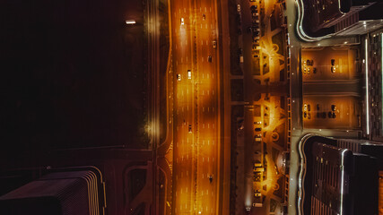 Aerial View of Illuminated Urban Street in Minsk at Night