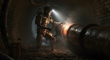 Robot Welder Repairs Pipe in Underground Tunnel