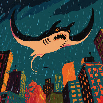 Manta Ray Monster Attack in City Background Design Template