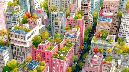 Eco‑Conscious Watercolor Concept. Urban landscape with greenery on rooftops and colorful buildings.