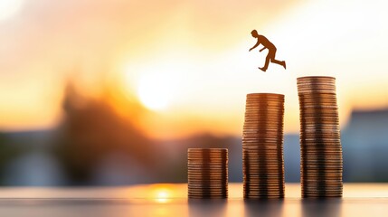 A silhouette of a person jumping from one stack of coins to a taller one, symbolizing financial growth and progress against a warm, glowing background.