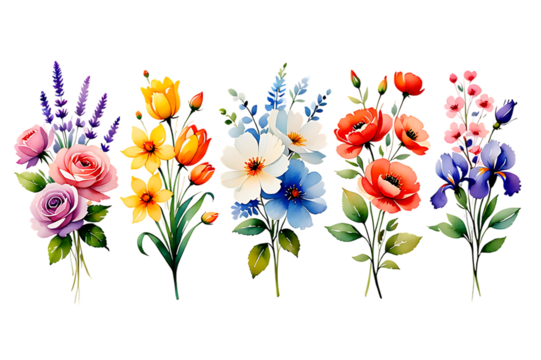 Vibrant Watercolor Floral Bouquets: Roses, Tulips, Poppies, and Irises; Romantic, Springtime Design Elements.