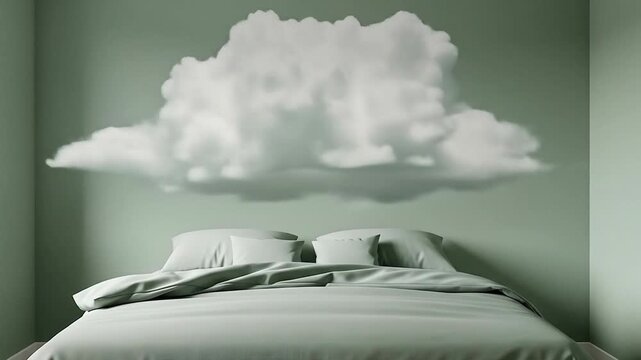 Serene Bedroom Interior Design Sage Green Walls  Cloud Decor  and Crisp White Bedding for Peaceful Sleep and Relaxation