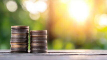 Two stacks of coins on a wooden surface with a blurred natural background and warm sunlight.