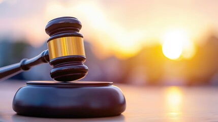 A wooden judge's gavel striking a sound block with a bright, blurred sunset in the background.