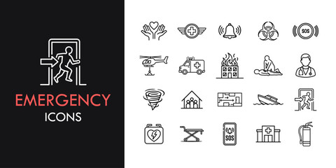 Emergency line icon set, outline web icon collection containing Ambulance, Siren, Fire and more, vector illustration in line style