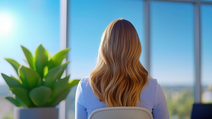 A woman with long hair sits facing a large window, overlooking a bright, sunny urban landscape, with a green plant nearby.