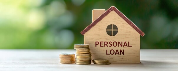 Wooden house model labeled "Personal Loan" beside stacks of coins, symbolizing financial borrowing and home-related loans.