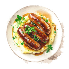 A watercolor painting of Bangers And Mash, vector illustration on white background.