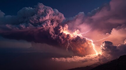 Panoramic shot of volcanic eruption during storm, bolts of lightning zigzag through smoke
