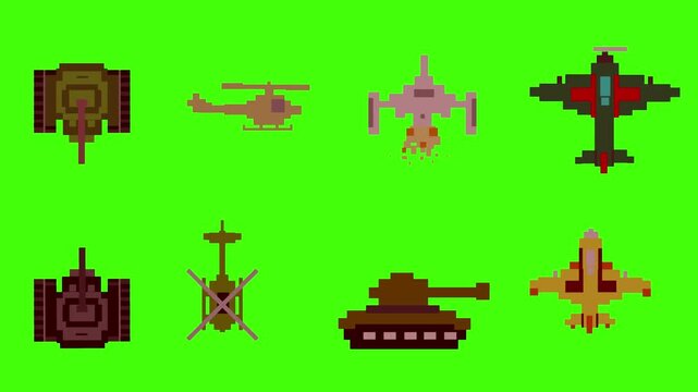 Animation of various military vehicles moving on a green background, tank, plane, helicopter.