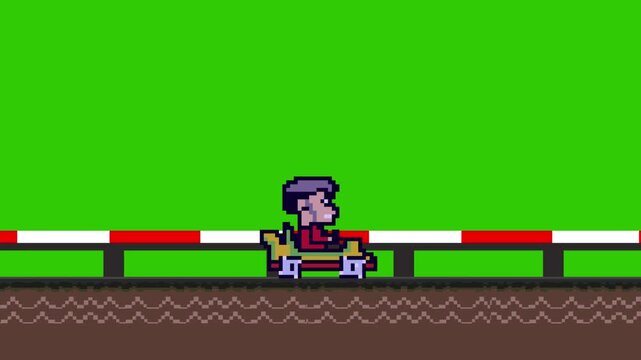 Animation of an 8-bit pixel art game with a character driving a racing cart on a green background, art, vintage.