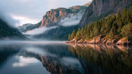 Serene Norwegian fjord at sunrise, towering cliffs reflected in still waters, low clouds rolling over forested peaks