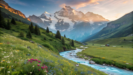 Fototapeta premium Alpine Mountains with River and Meadow at Sunset in Vibrant Landscape
