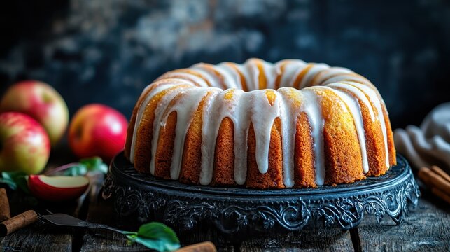 Delicious Bundt Cake with Glaze and Apples on Rustic Table