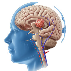 A detailed medical illustration displays a cross-section of the human head, revealing the complex brain with a prominent tumor, symbolizing a serious neurological health concern.