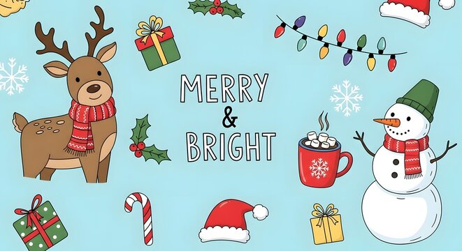 Festive Christmas icon set vector illustration featuring holly jolly text, Christmas tree, ornaments, gnome, gingerbread man, and sock, colorful holiday symbols perfect for seasonal designs