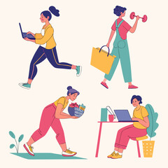 bundle of vector illustrations showing characters doing daily activities such as working on laptop, exercising, grocery shopping, cooking, and relaxing, modern flat style, pastel colors, dynamic poses